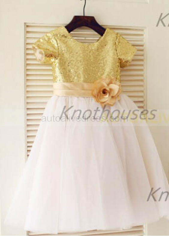 Short Sleeves Gold Sequin Ivory Tulle Knee Length Flower Girl Dress
